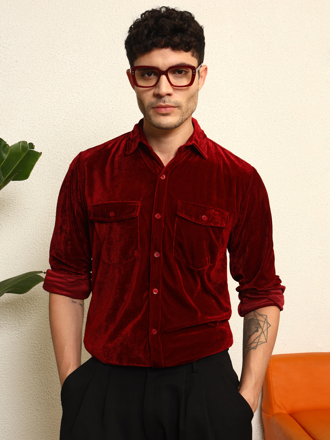 TANDUL Men's Maroon Velvet Shirt