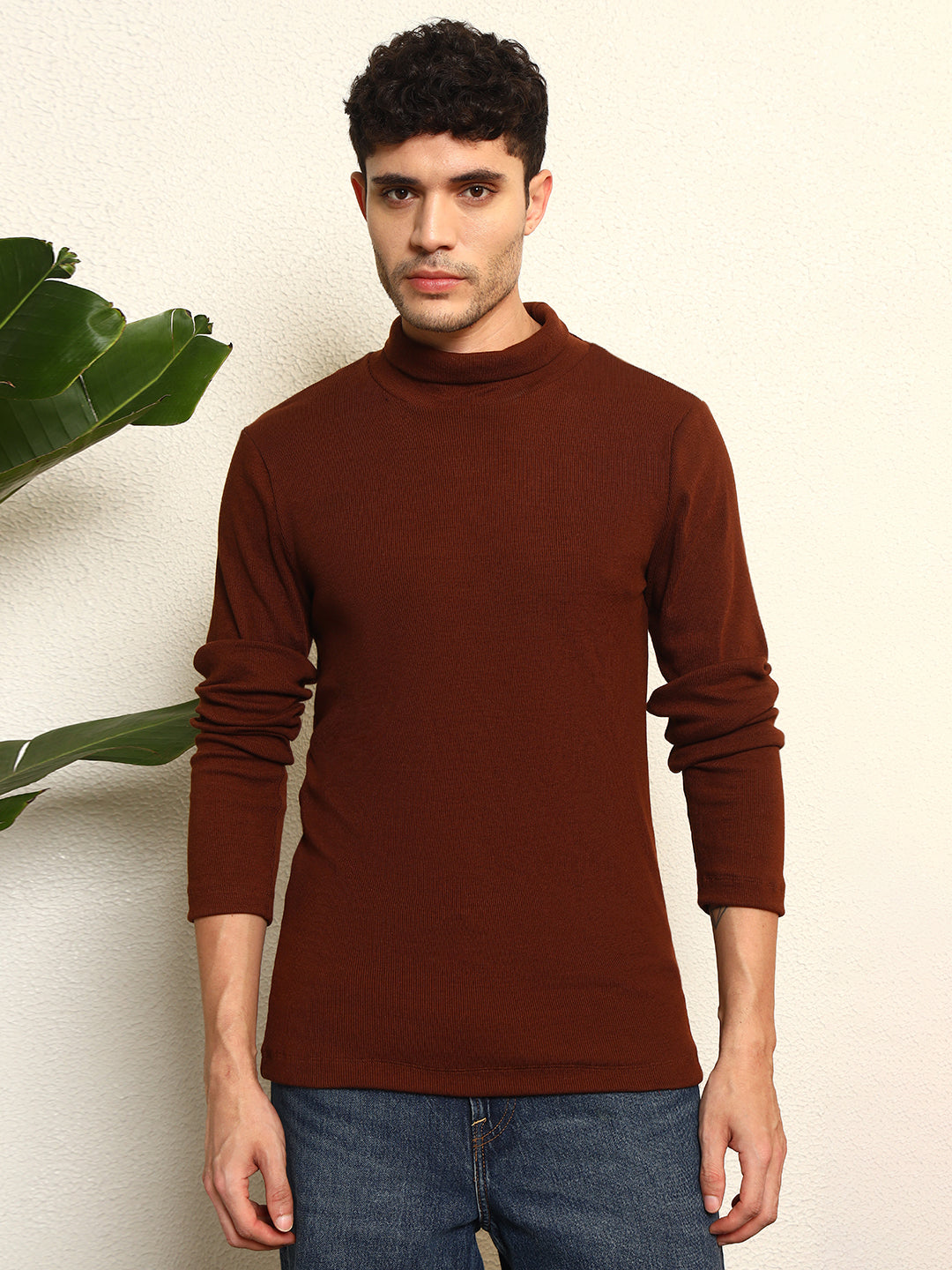 TANDUL Men's Solid Brown Highneck