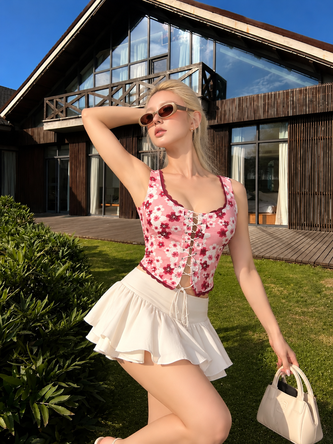 TANDUL Women Pink Cherry Blossom Lace-Up Corset Top