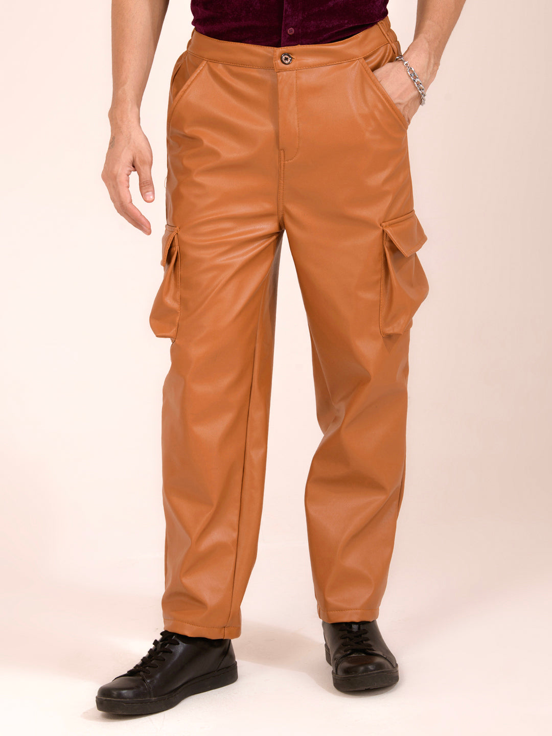 TANDUL  Men Regular Fit Yellow Faux Leather Trousers