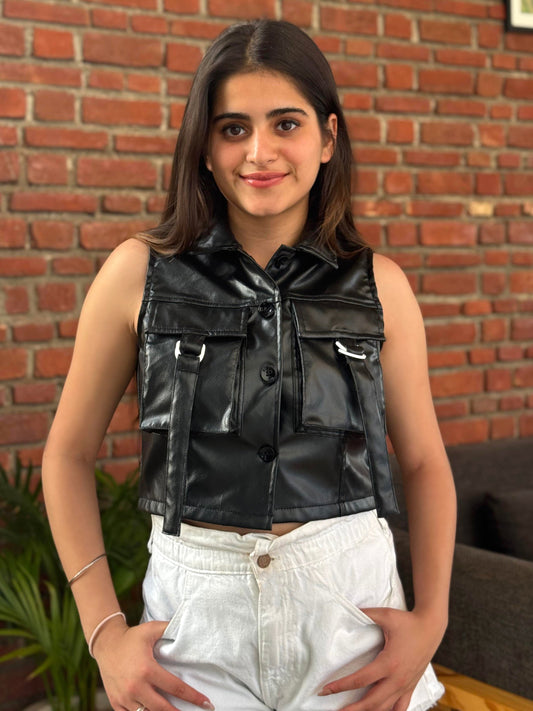 TANDUL Women Sleek Black Leather Crop Jacket