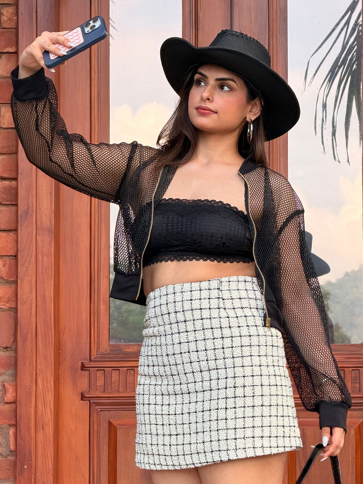 TANDUL Women Sheer Black Mesh Cropped Bomber Jacket