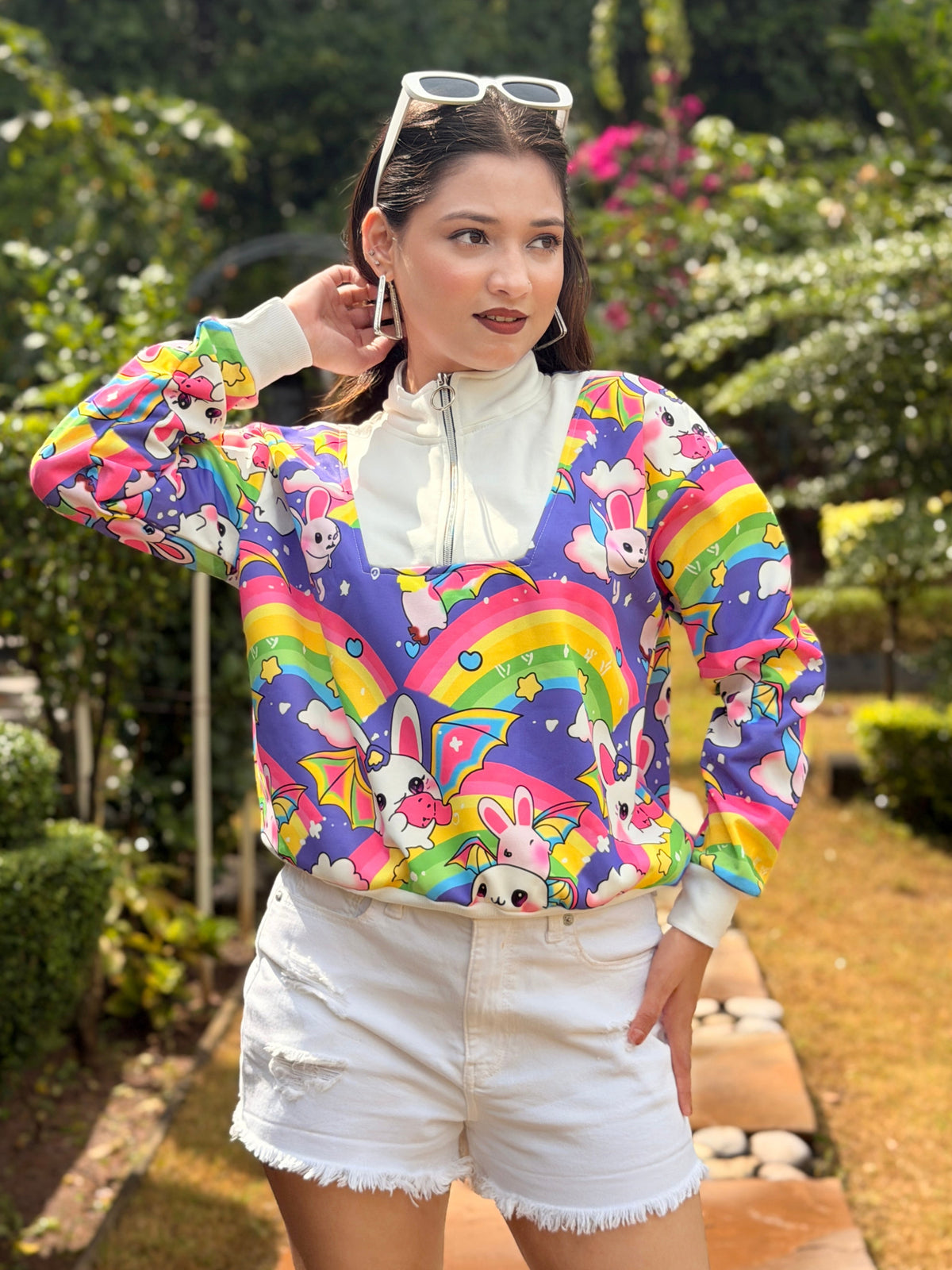 TANDUL Women’s Colorful Rainbow & Bat-Bunny Printed Cropped Sweatshirt