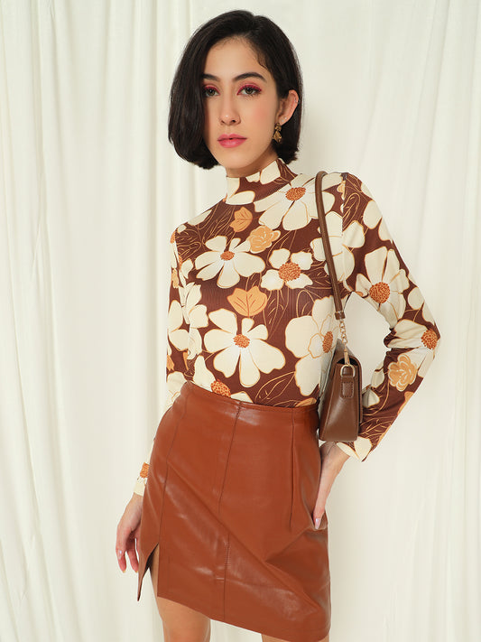 TANDUL  Women Floral Print High Neck Brown Sweater