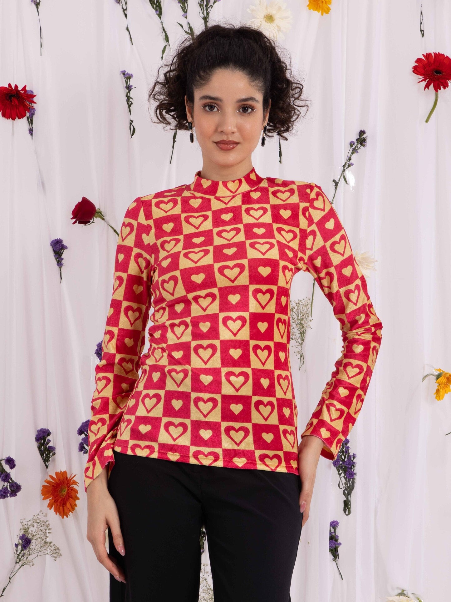 TANDUL Heart Printed Velvet Highneck