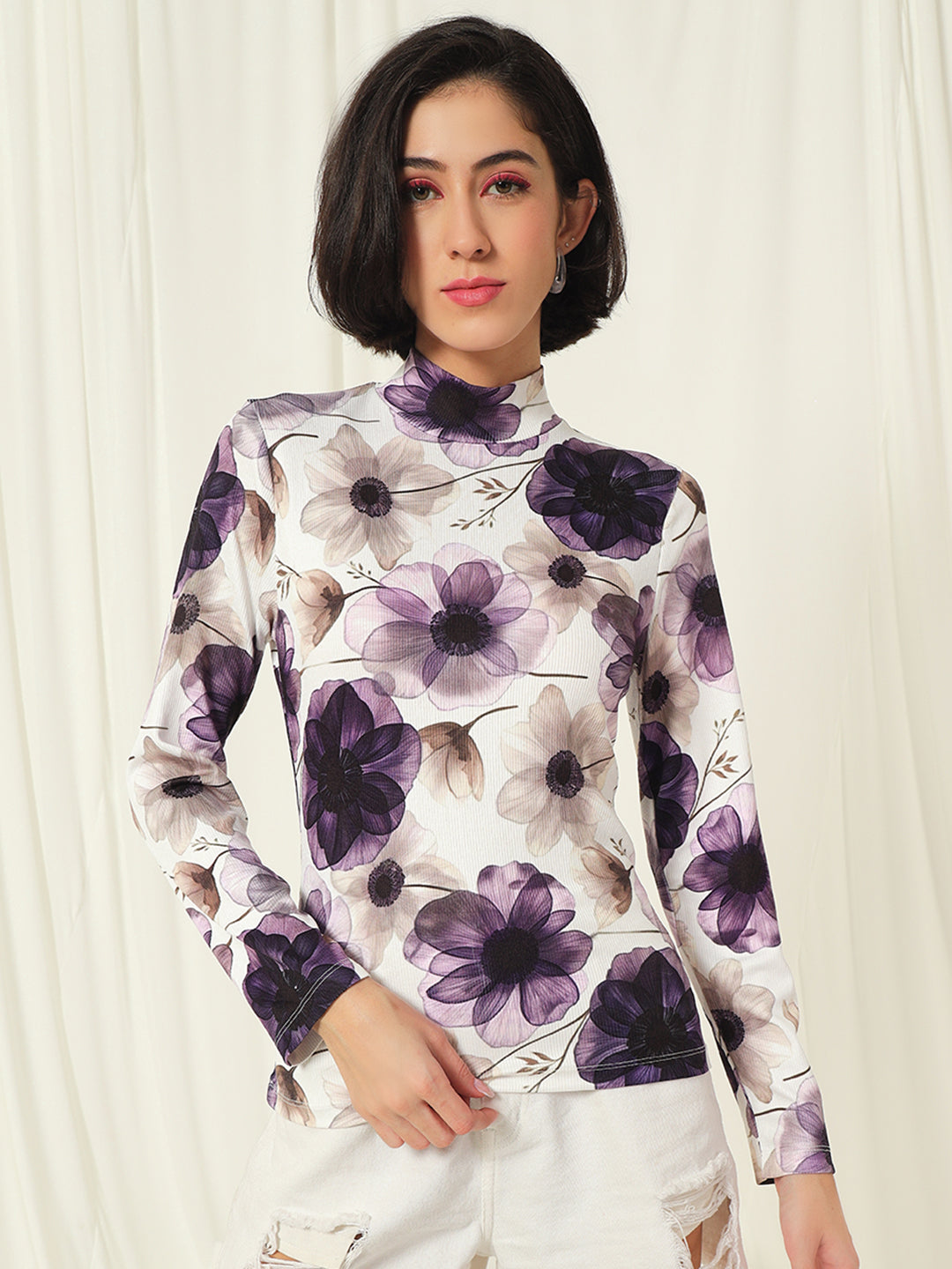 TANDUL  Women Floral Print High Neck White Sweater