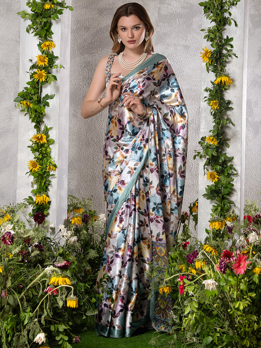 ELTIRE  Floral Print Bollywood Satin Saree  (Multicolor)
