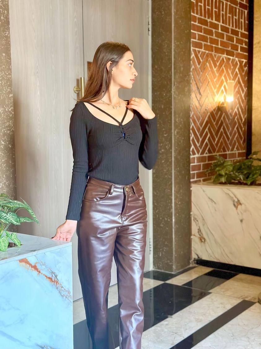 TANDUL Women Regular Fit Brown Faux Leather Trousers