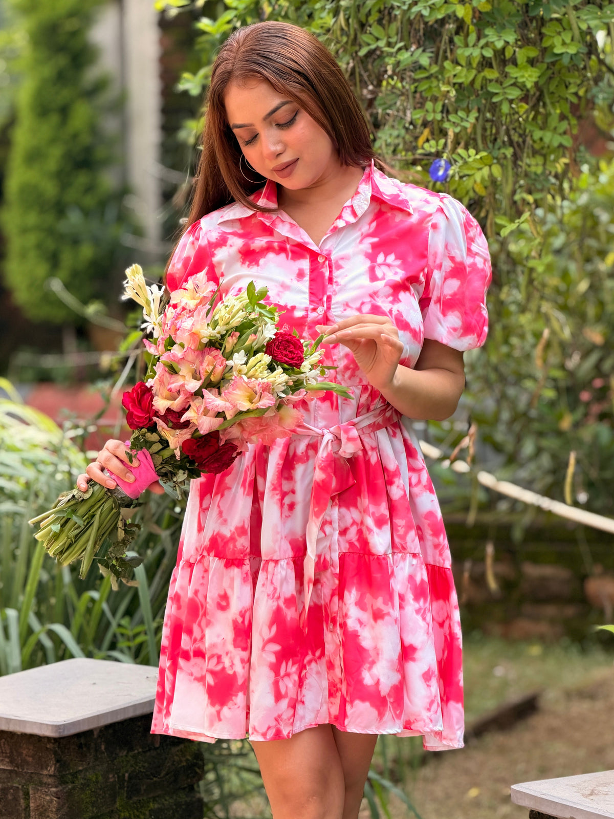 TANDUL Women's Fuchsia Pink Tie-Dye Puff Sleeve Mini Shirt Dress