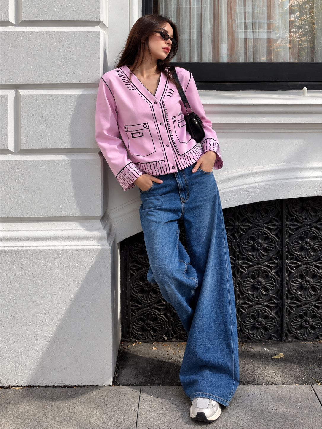 TANDUL Women Long Sleeve V-Neck Graphic Button-Up Jacket
