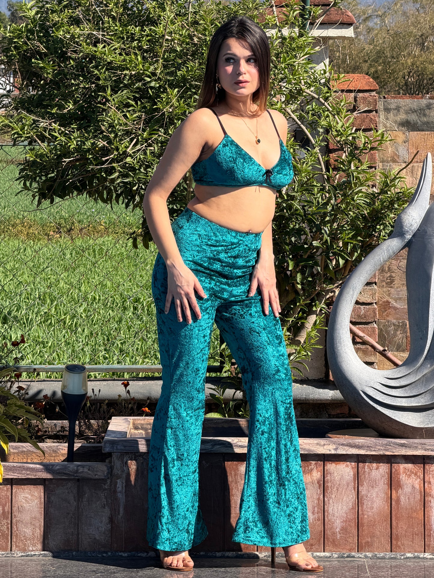 TANDUL Women Equisite Teal Velvet Co-ord Set