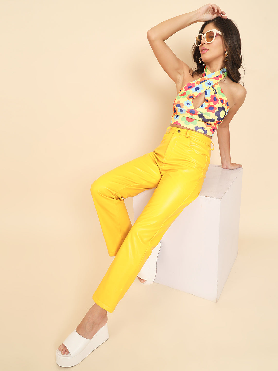 TANDUL Women Regular Fit Yellow Faux Leather Trousers