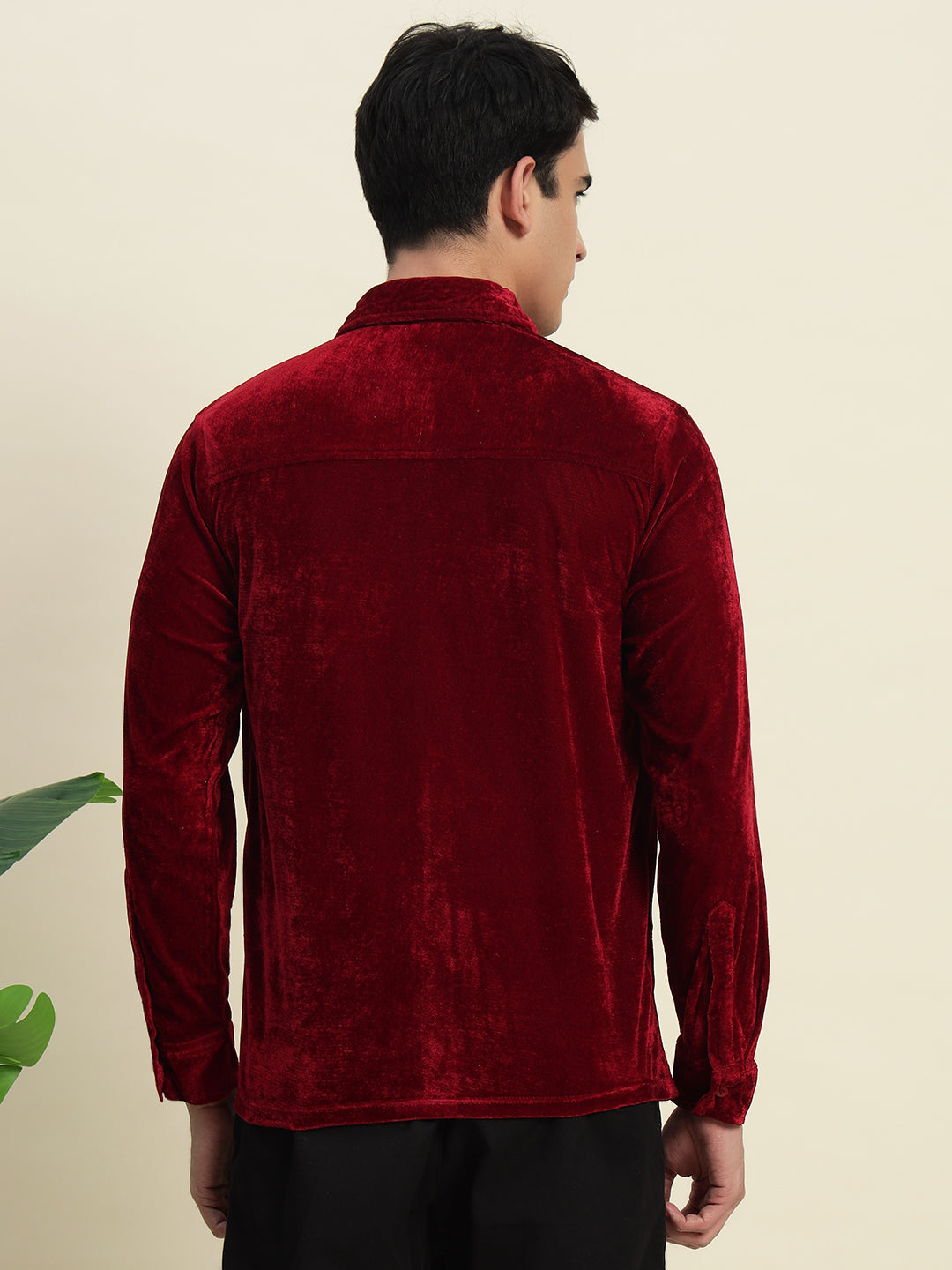 TANDUL Men's Maroon Velvet Shirt