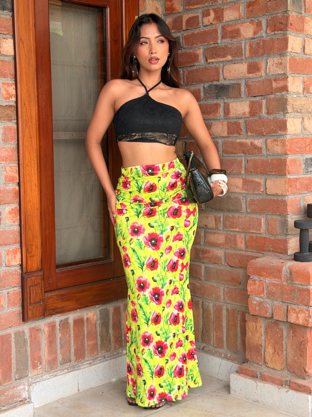 TANDUL Women Vibrant Lime & Red Floral Ruched Maxi Skirt
