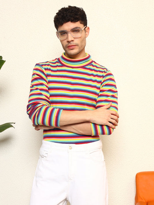 TANDUL Men's Vibrant Striped Highneck