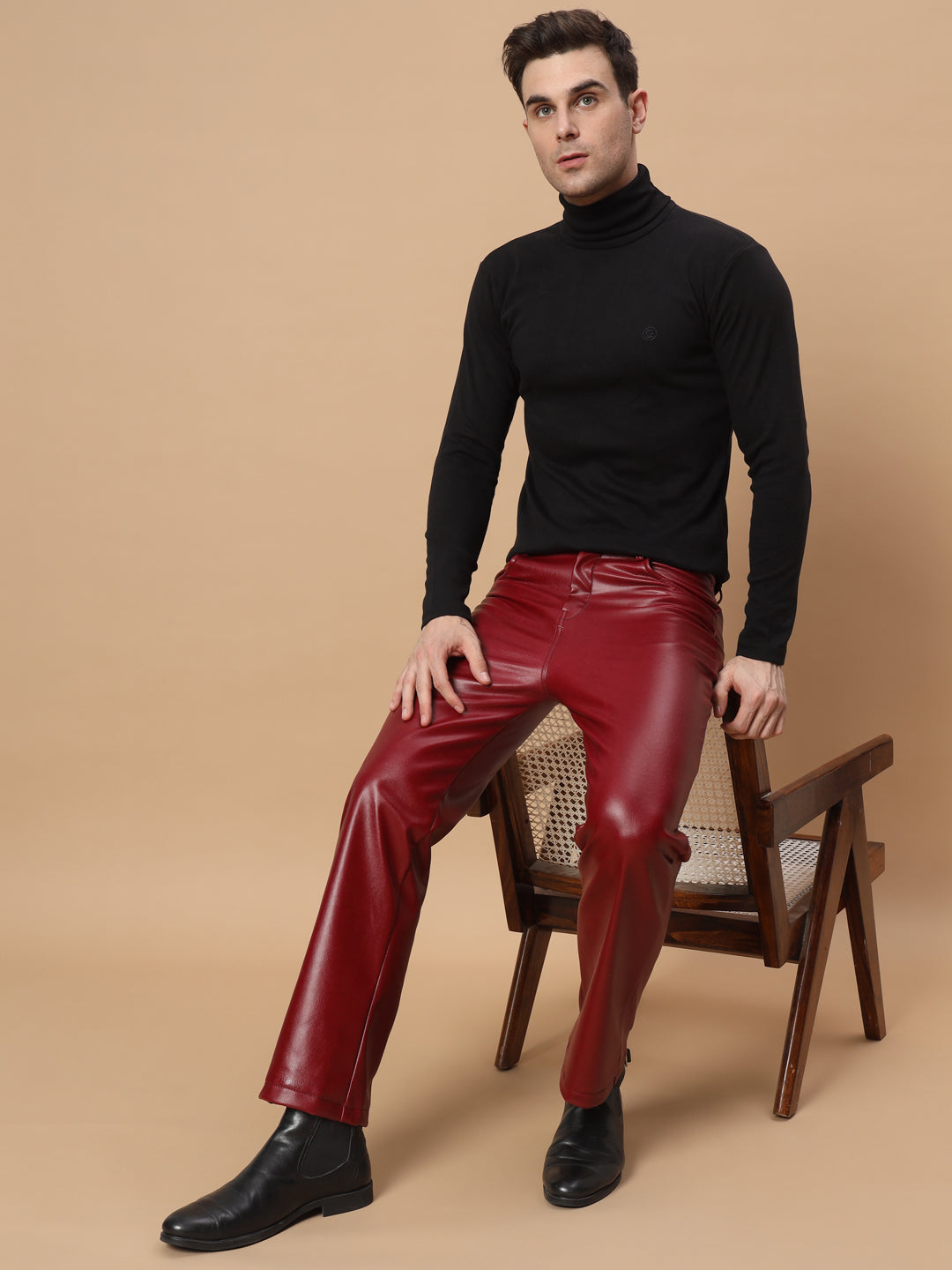 TANDUL  Men Regular Fit Maroon Faux Leather Trousers