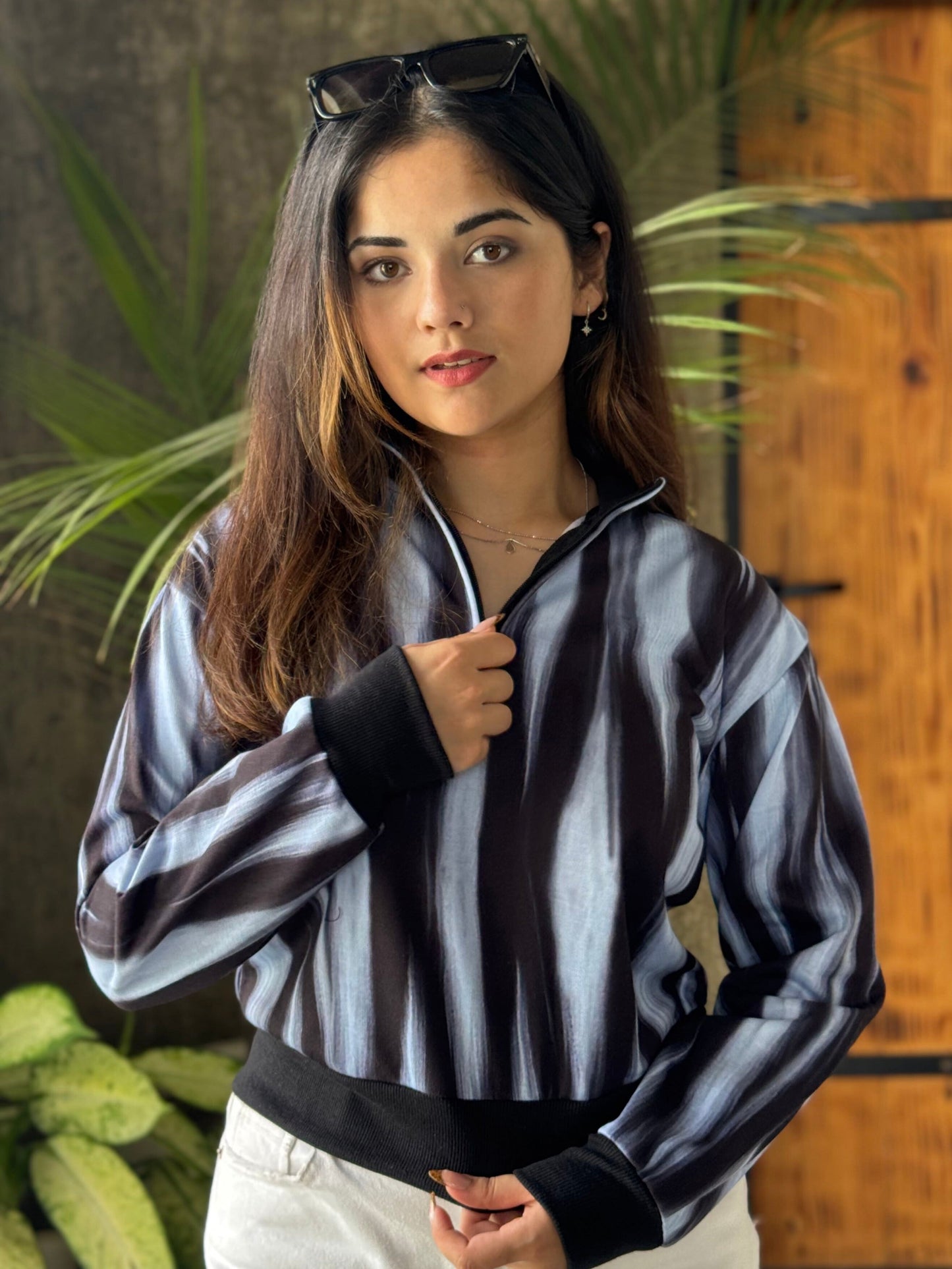 TANDUL Women Black and White Striped Sweatshirt