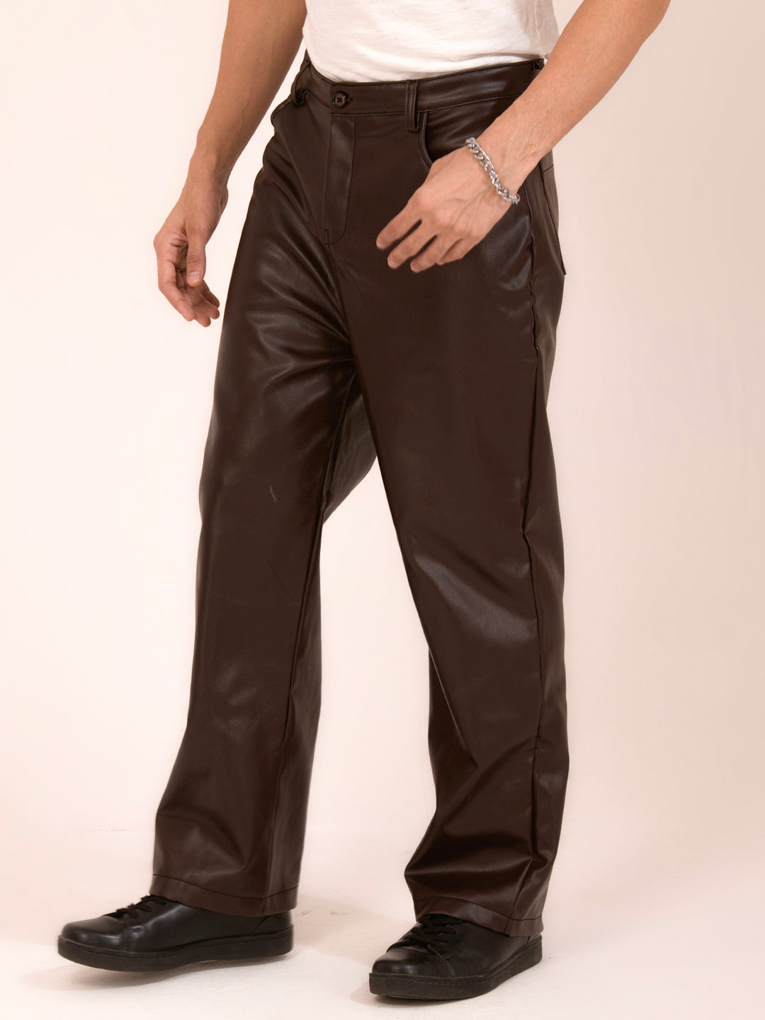 TANDUL  Men Regular Fit Brown Faux Leather Trousers