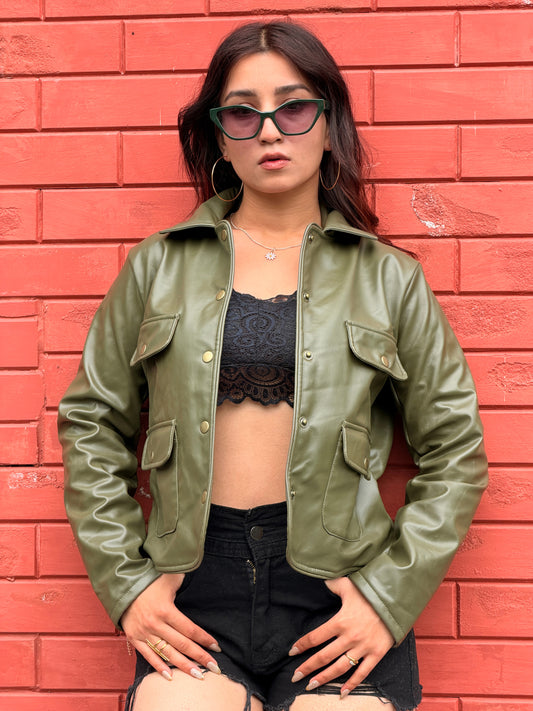 TANDUL Women Olive Green Faux Leather Jacket