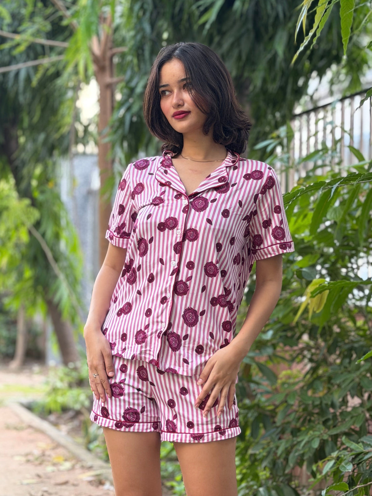 TANDUL Women Pink Striped Button-Down Summer Nightsuit
