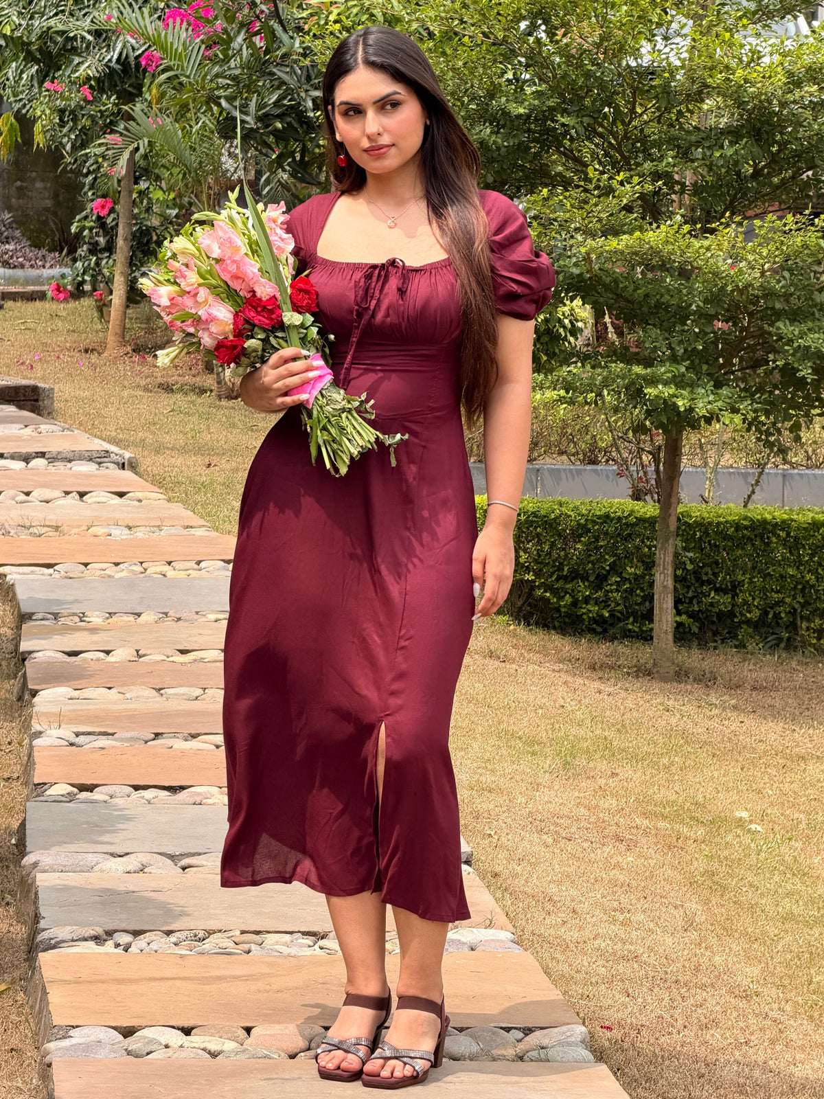 TANDUL Women Classic Wine Lace-Up Corset Midi Dress