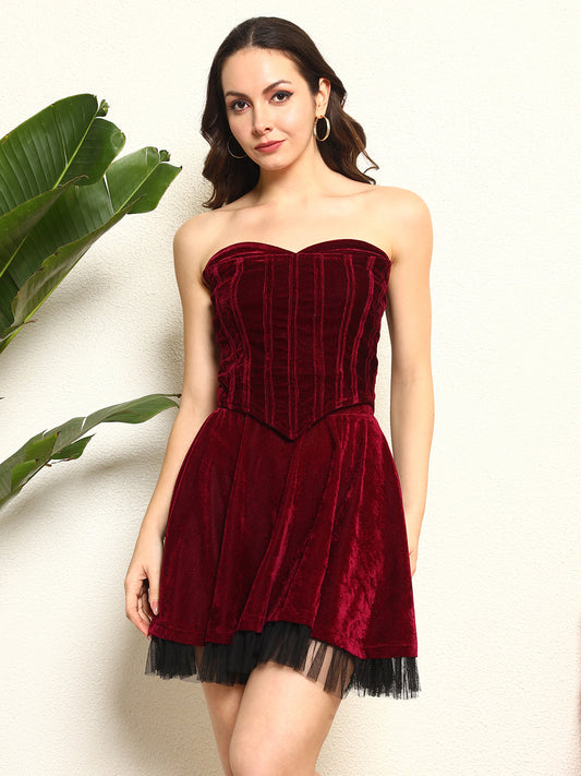TANDUL Women Elegant Wine Color Velvet Co-ord Set
