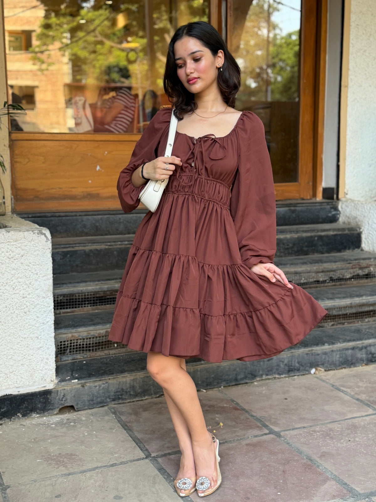 TANDUL Women Brown Waist Tiered Flare Mini Dress