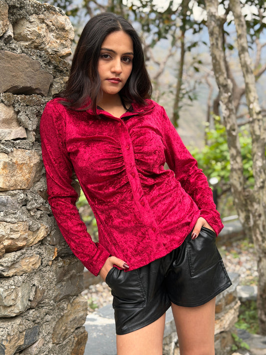 TANDUL Women Luxurious Maroon Velvet Shirt