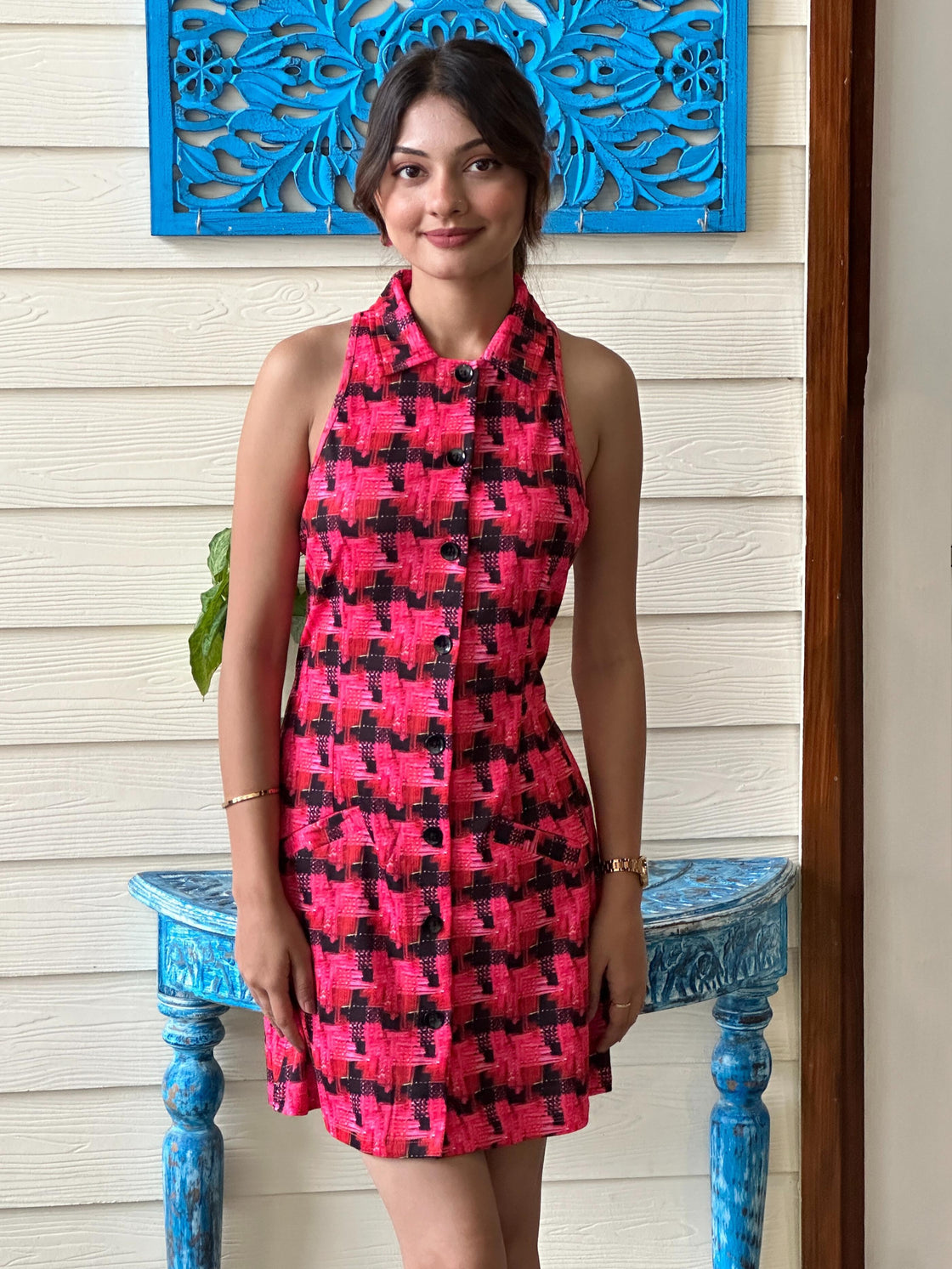 TANDUL Women Chic Pink and Black Pattern Dress