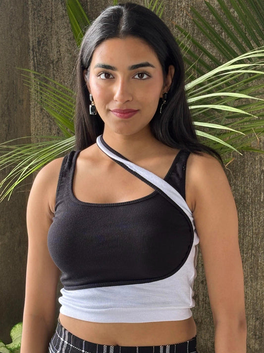 TANDUL Women Black and White Rib Top