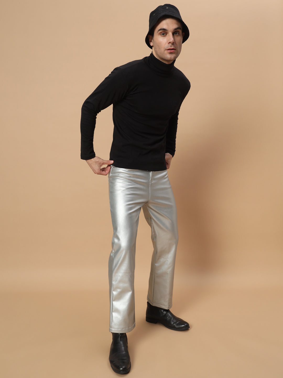 TANDUL  Men Regular Fit Silver Faux Leather Trousers