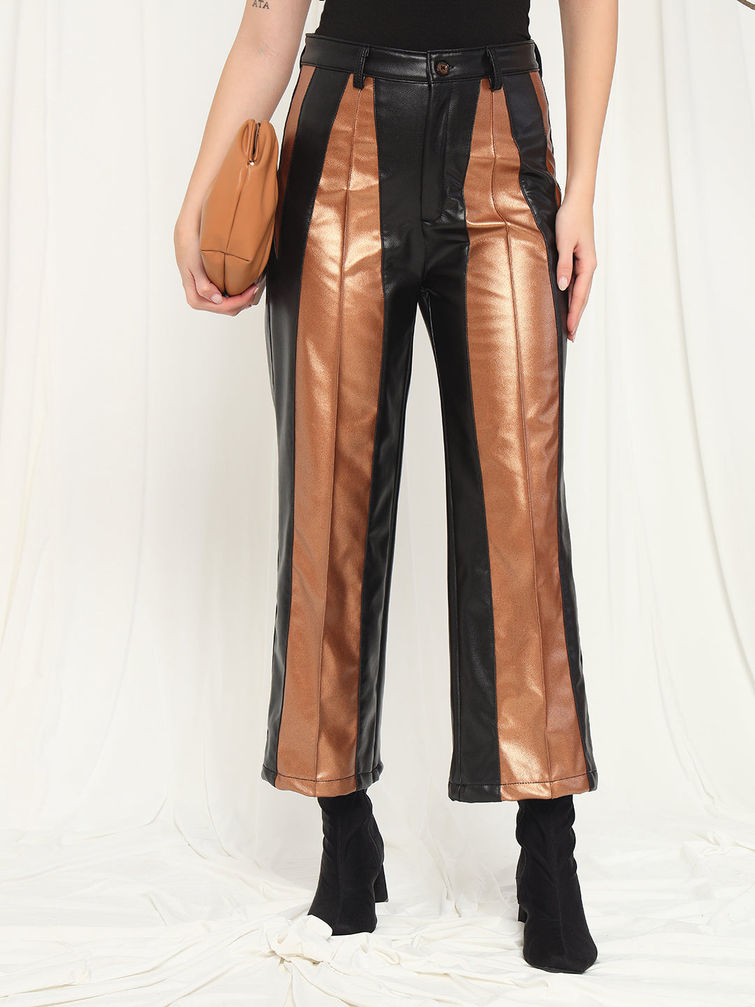 TANDUL  Women Regular Fit Gold Faux Leather Trousers
