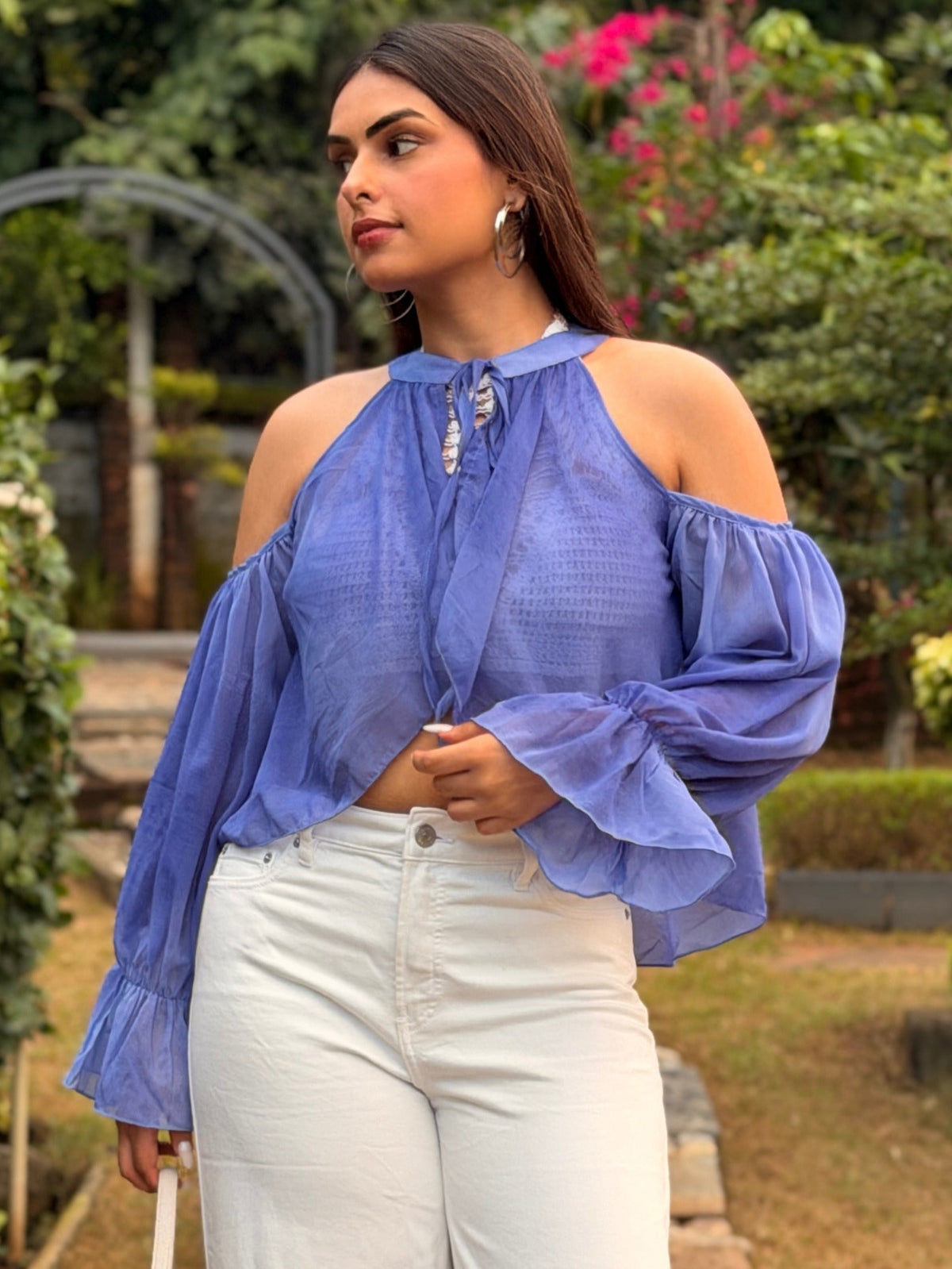 TANDUL Women Periwinkle Sheer Halter Cold-Shoulder Crop Top