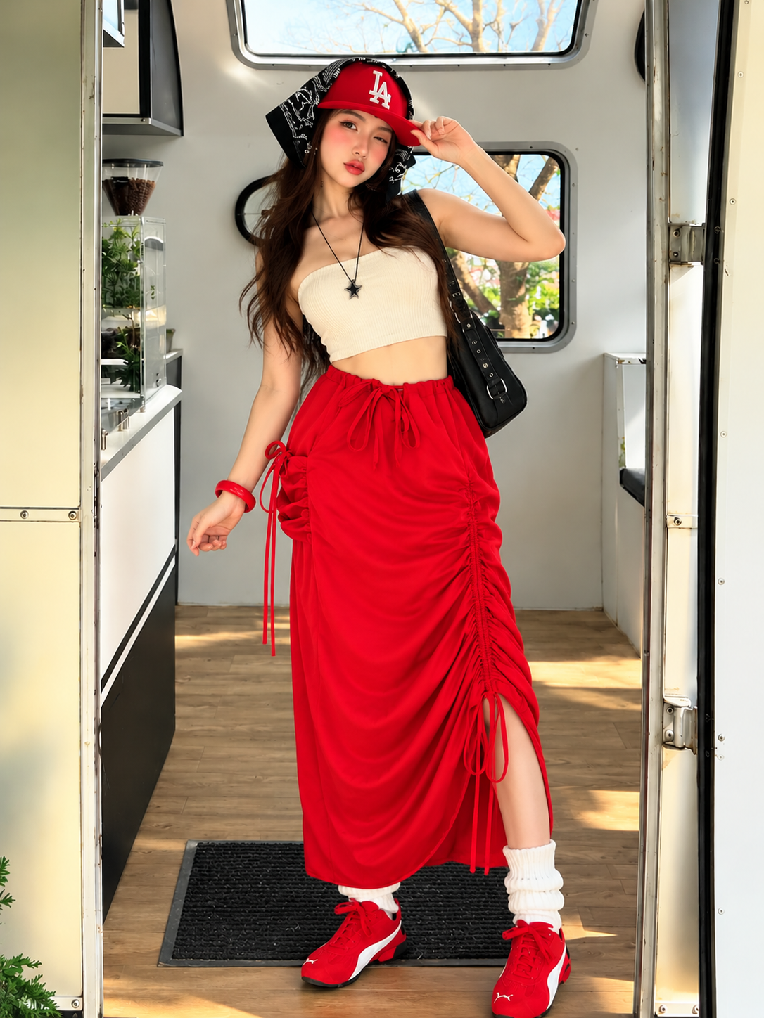 TANDUL Women Red Drawstring Ruched Maxi Cargo Skirt
