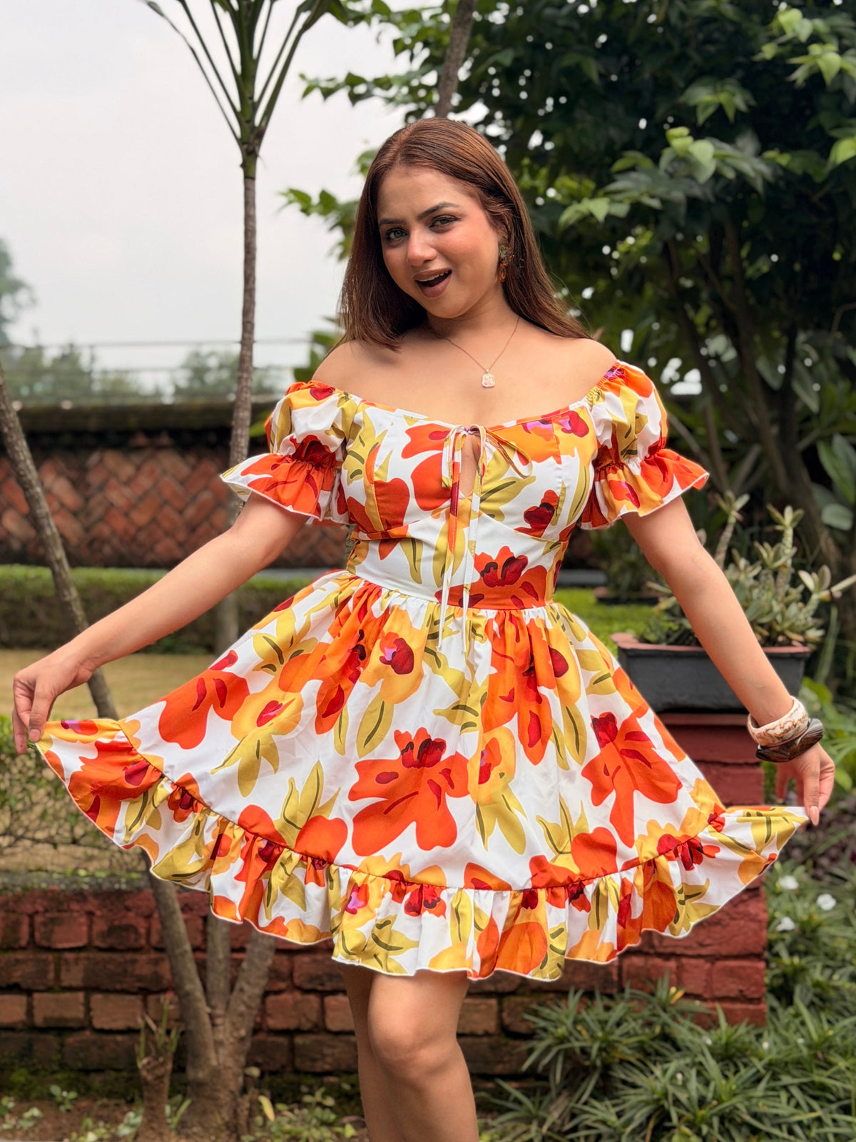 TANDUL Women's Vibrant Floral Off-the-Shoulder A-Line Mini Dress