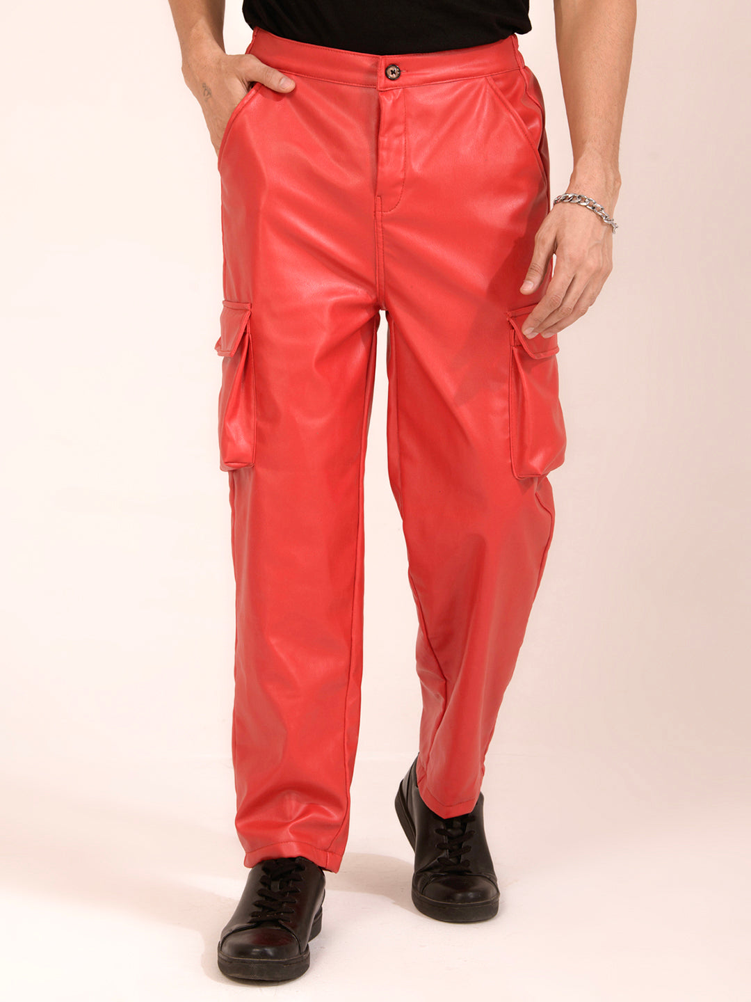 TANDUL  Men Regular Fit Red Faux Leather Trousers