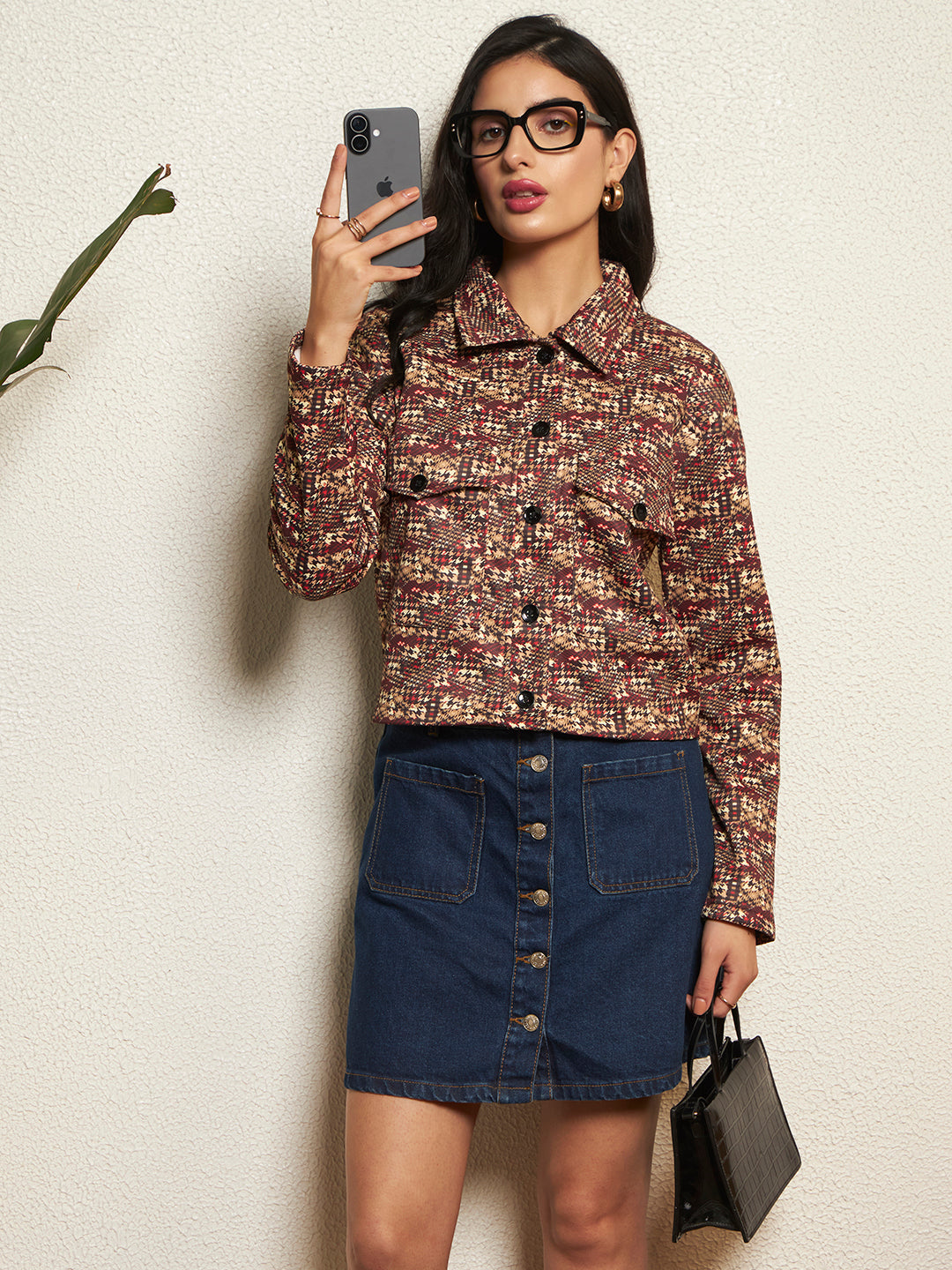 TANDUL Women Houndstooth Fleece Jacket