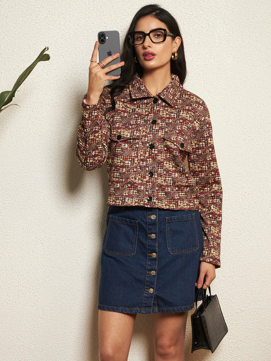 TANDUL Women Houndstooth Fleece Jacket