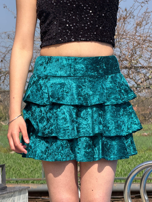 TANDUL Women Exquisite Teal Blue Velvet Skirt