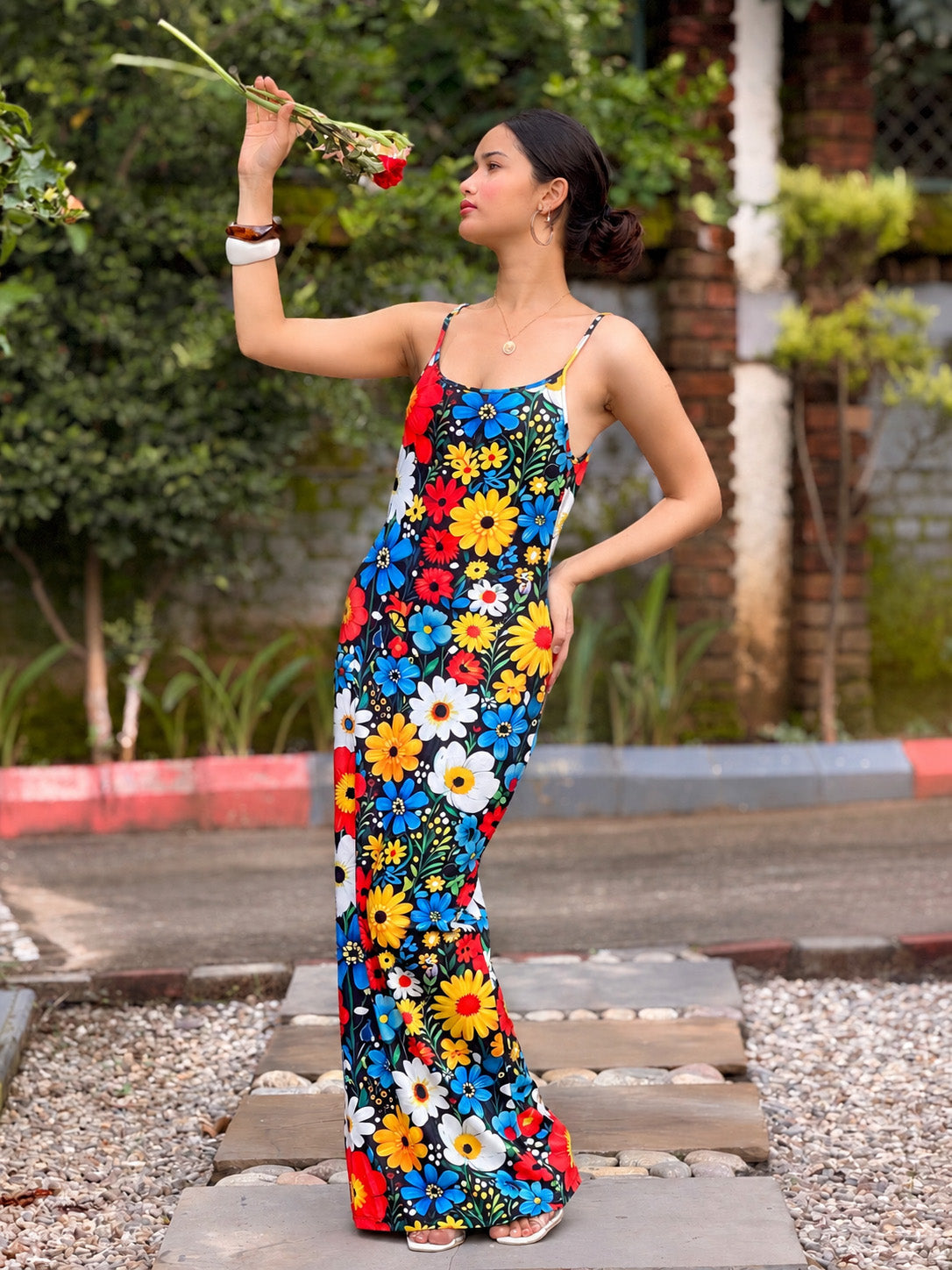 TANDUL Women Retro Multicolor Daisy Print Maxi Dress