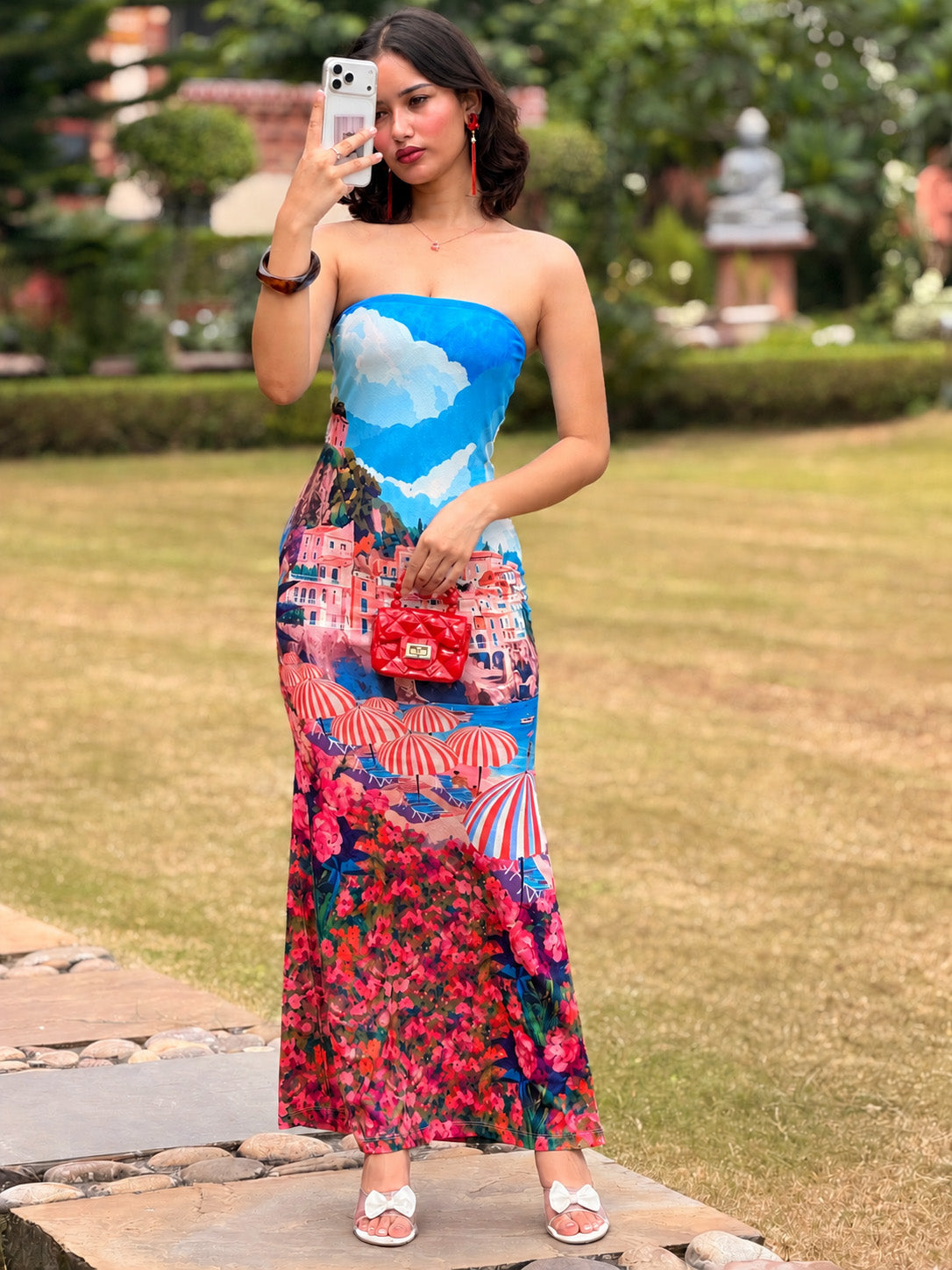 TANDUL Women Amalfi Coast Landscape Strapless Maxi Dress