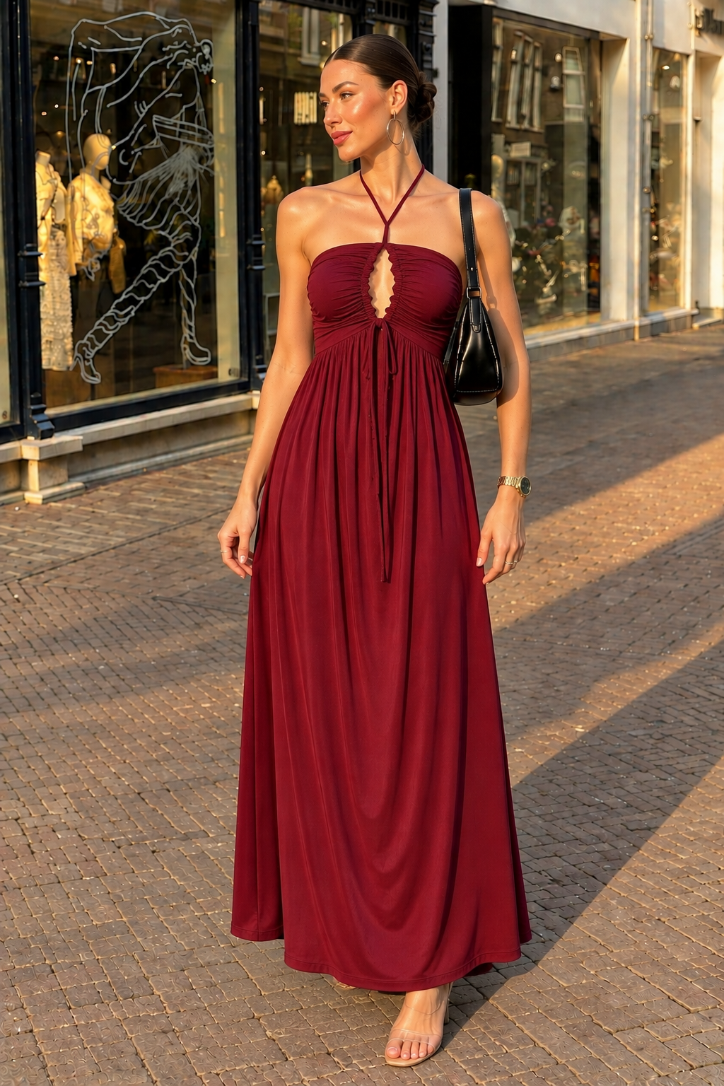 TANDUL Women Maroon Ruched Bust Keyhole Maxi Dress