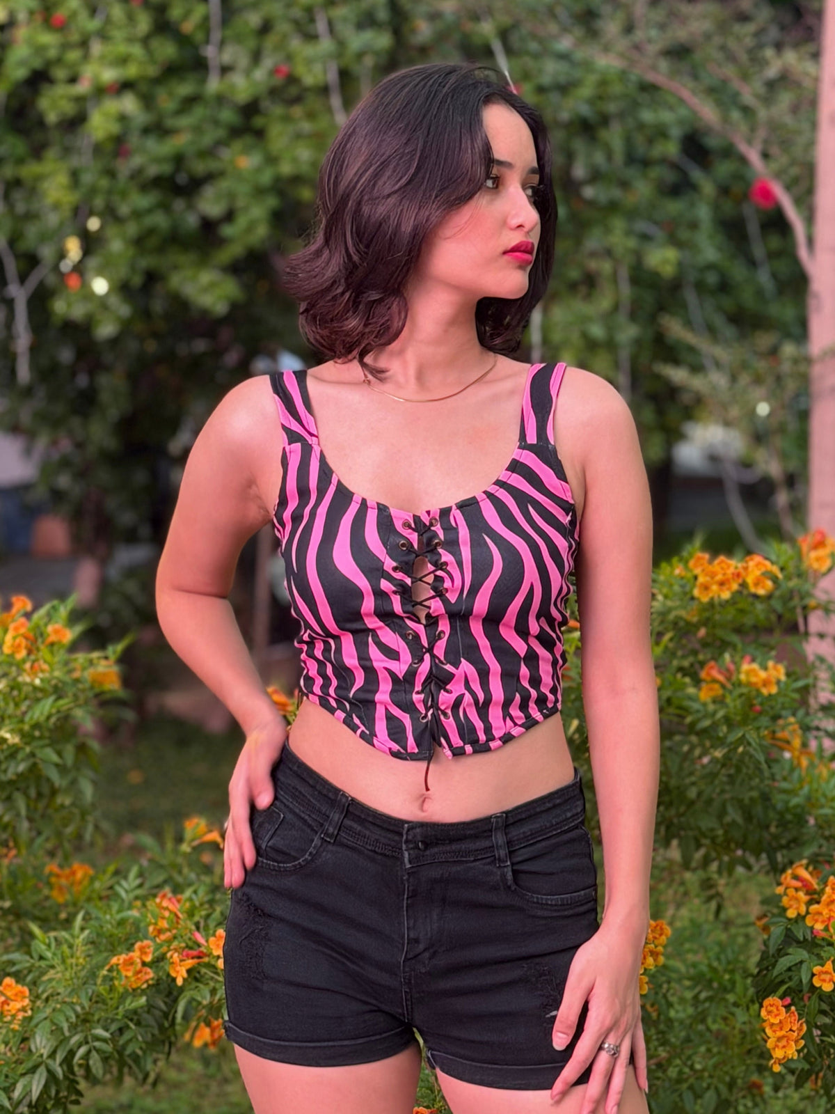 TANDUL Women Pink Zebra Lace-Up Crop Top