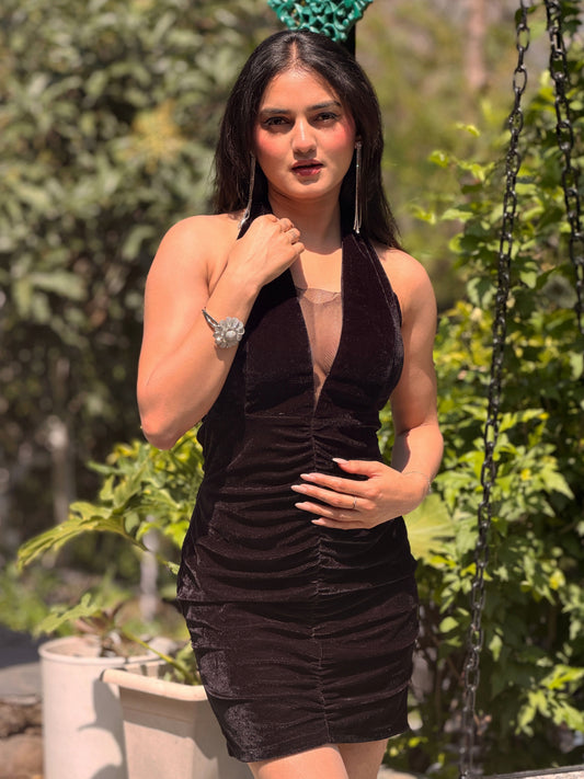 TANDUL Women Elegant Classic Black Velvet Dress