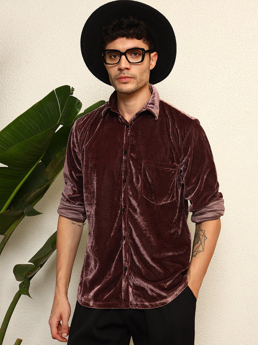 TANDUL Mens's Alluring Purple Velvet Shirt