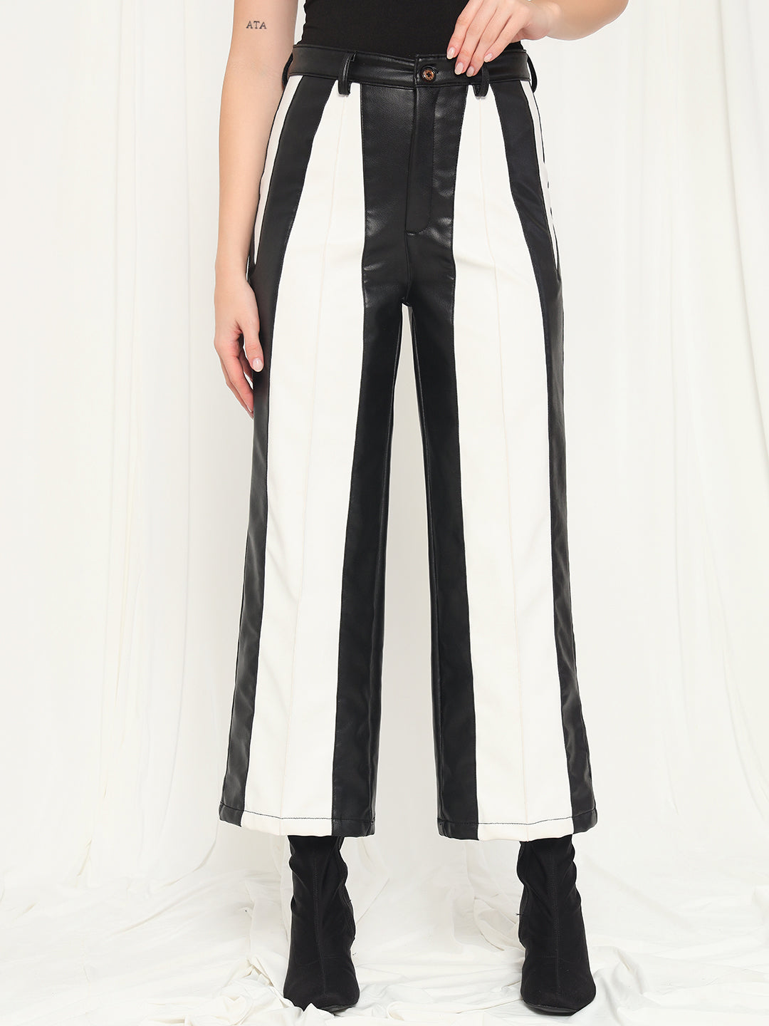 TANDUL  Women Regular Fit Black Faux Leather Trousers