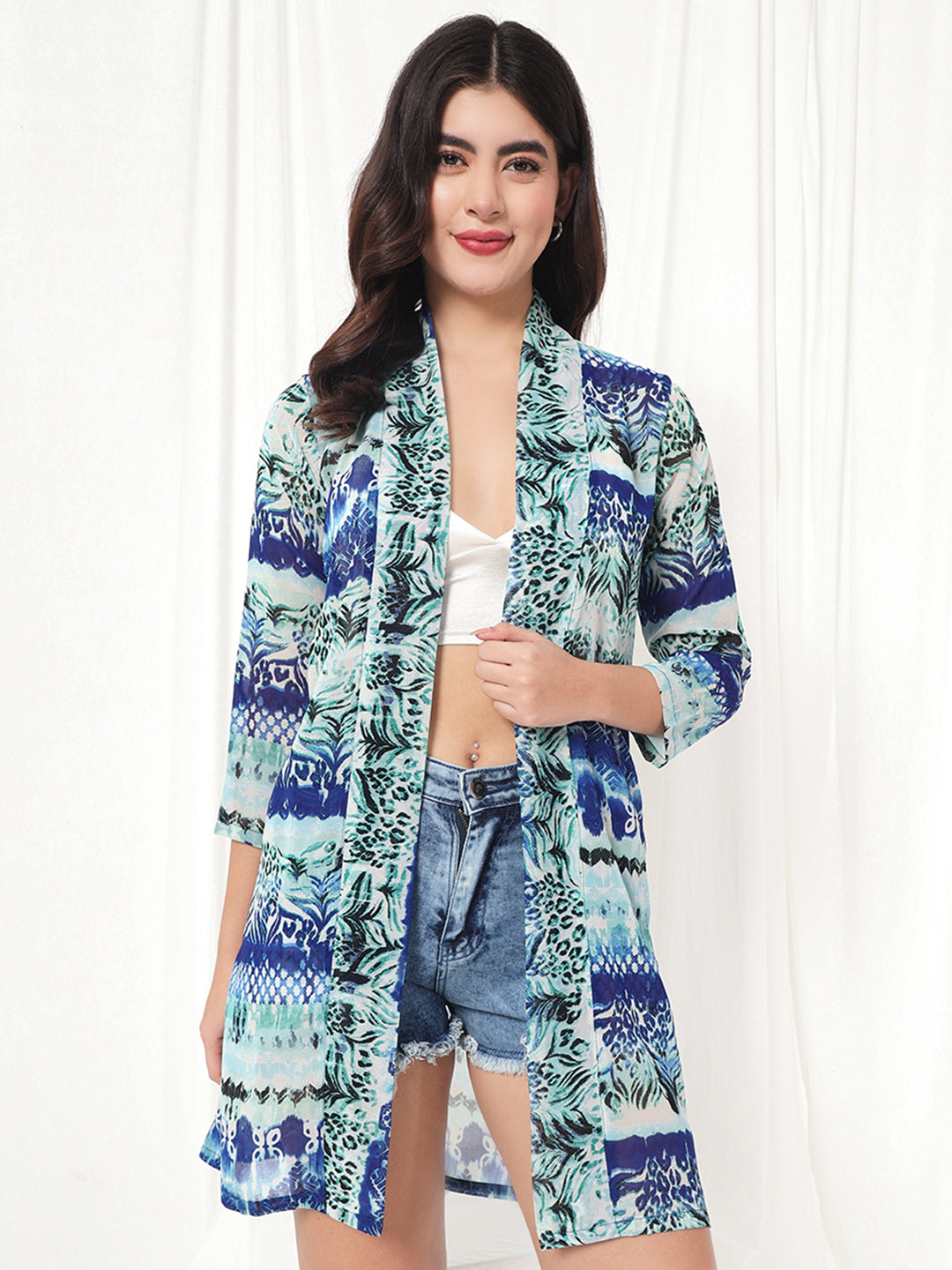TANDUL  Women Straight 3/4th Sleeve Blue Shrug