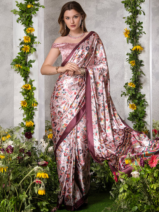 ELTIRE  Floral Print Bollywood Satin Saree  (Multicolor)