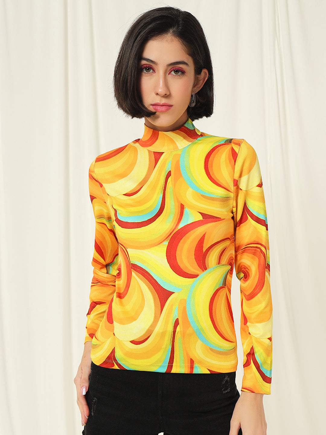 TANDUL  Women Printed High Neck Yellow Sweater