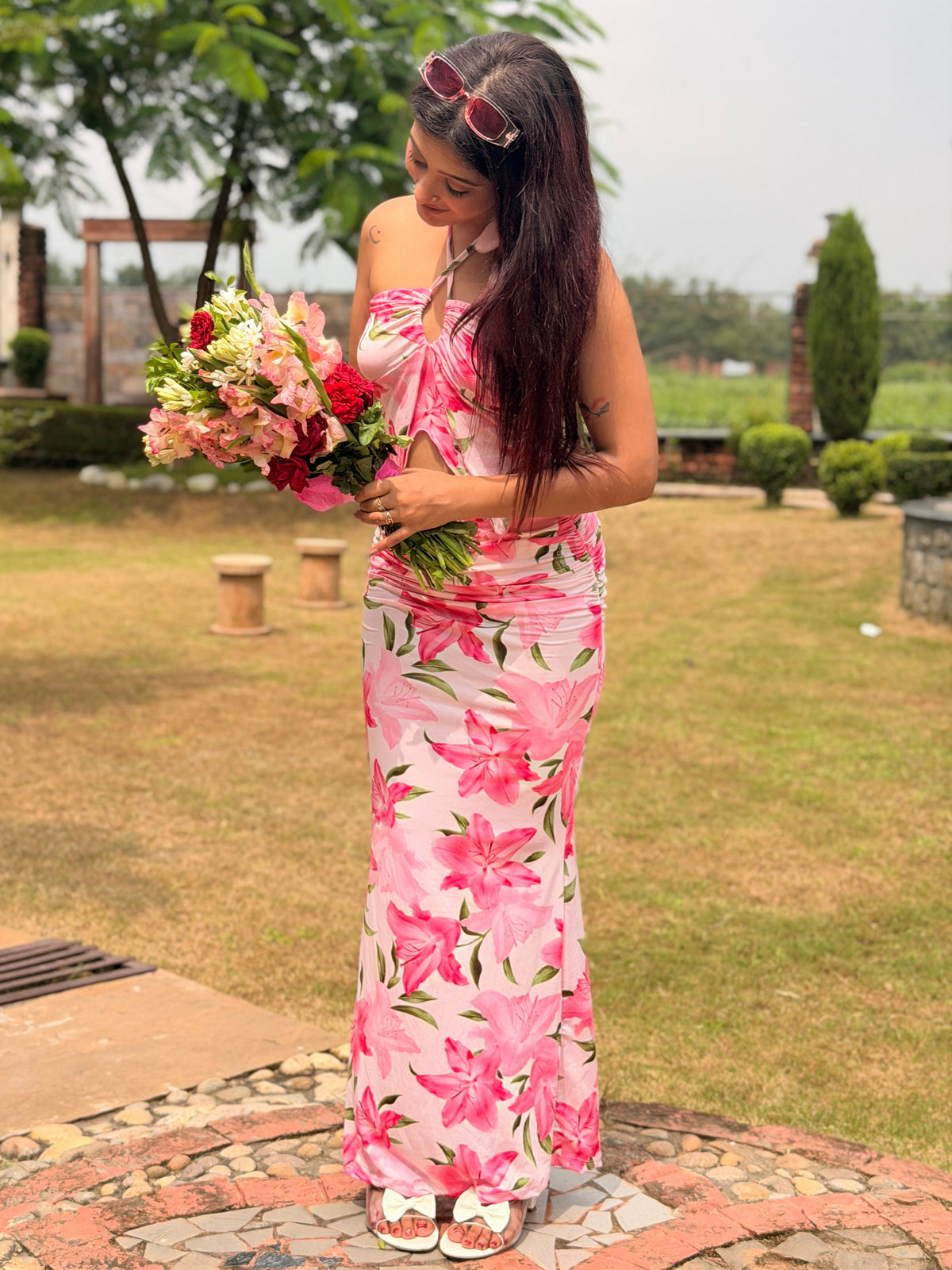TANDUL Women Tropical Bloom Crop Top & Ruched Skirt Co-ord Set